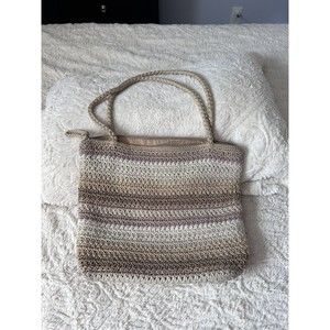 Neutral Striped Crochet Shoulder Bag - Beige/Taupe